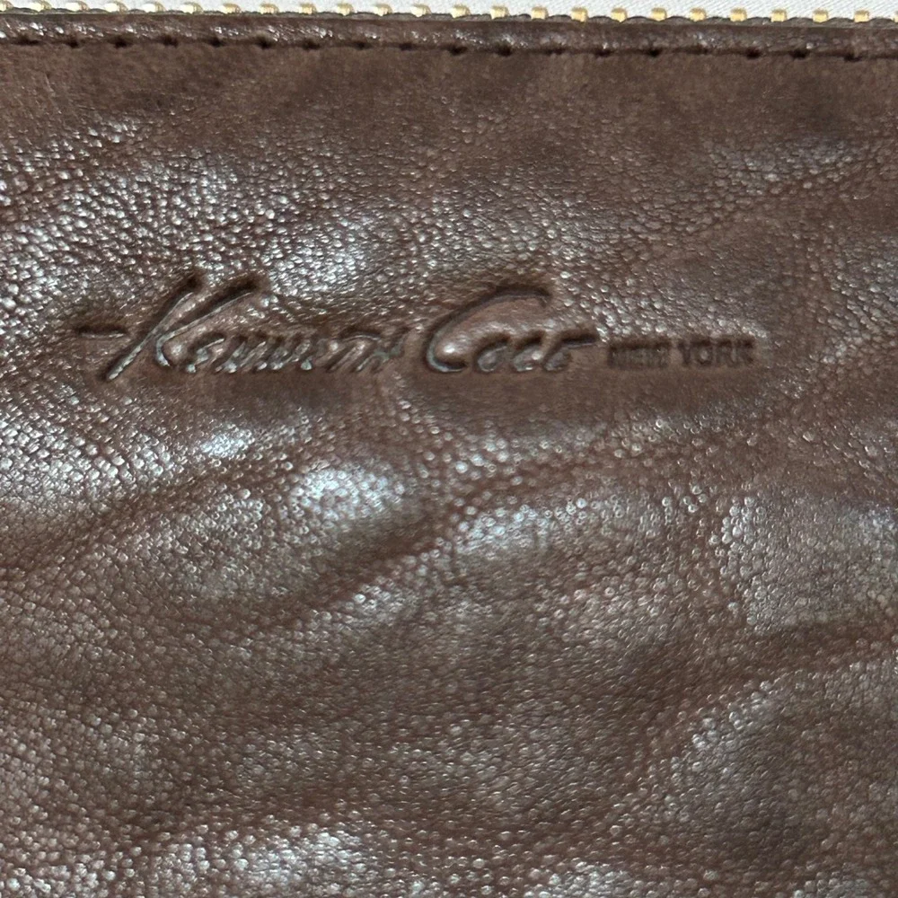 Kenneth Cole New York Leather Wristlet Clutch Brown Snake Print Fold‎ Over